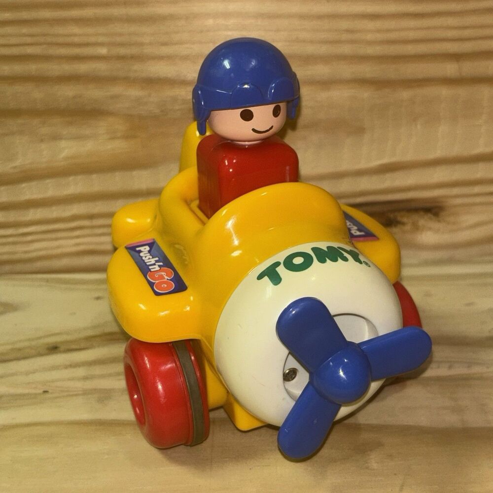 Vintage 1991 Tomy Push N Go Airplane Toy Baby Einstein Moving Pilot Yellow Works